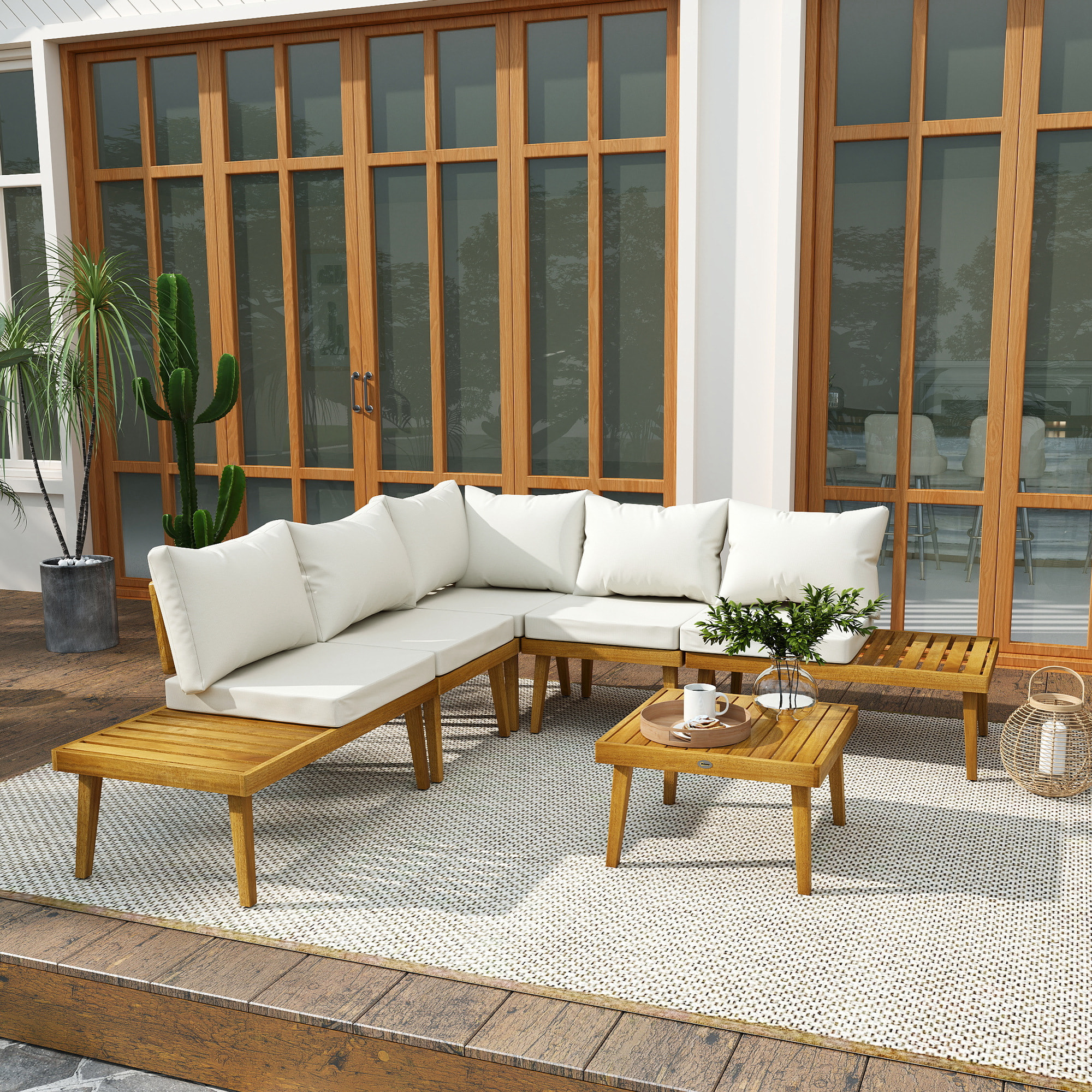 Salon de jardin d'angle 5 places en bois d'acacia avec table basse et tablettes latérales coussins crème