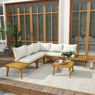 Salon de jardin d'angle 5 places en bois d'acacia avec table basse et tablettes latérales coussins crème
