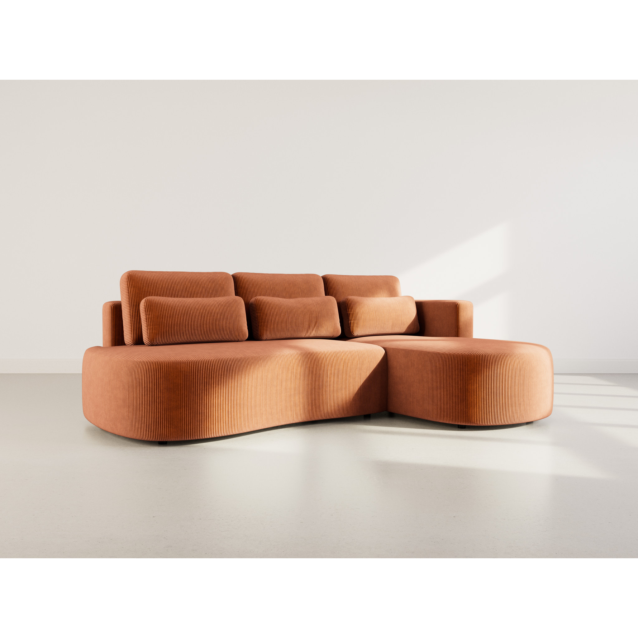 Mahina - canapé d'angle droit 4 places convertible avec coffre en velours côtelé - Terracotta