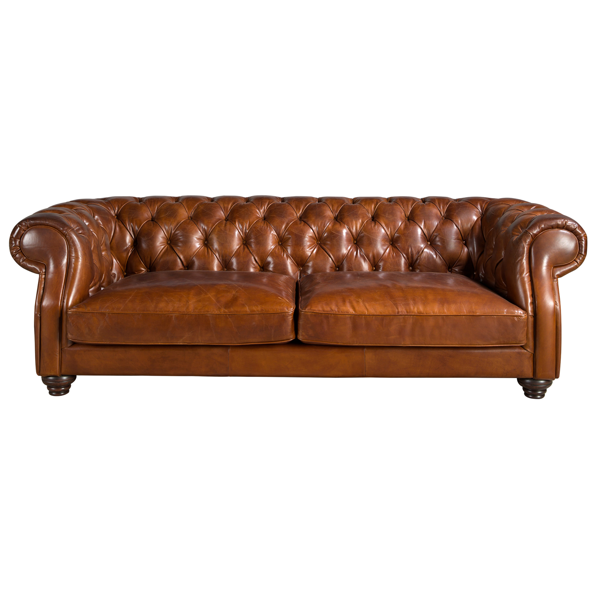 Sofá Chester de 3 plazas tapizado en piel de origen vacuno en marrón coñac patas de madera maciza tintada en caoba 226x101x70cm