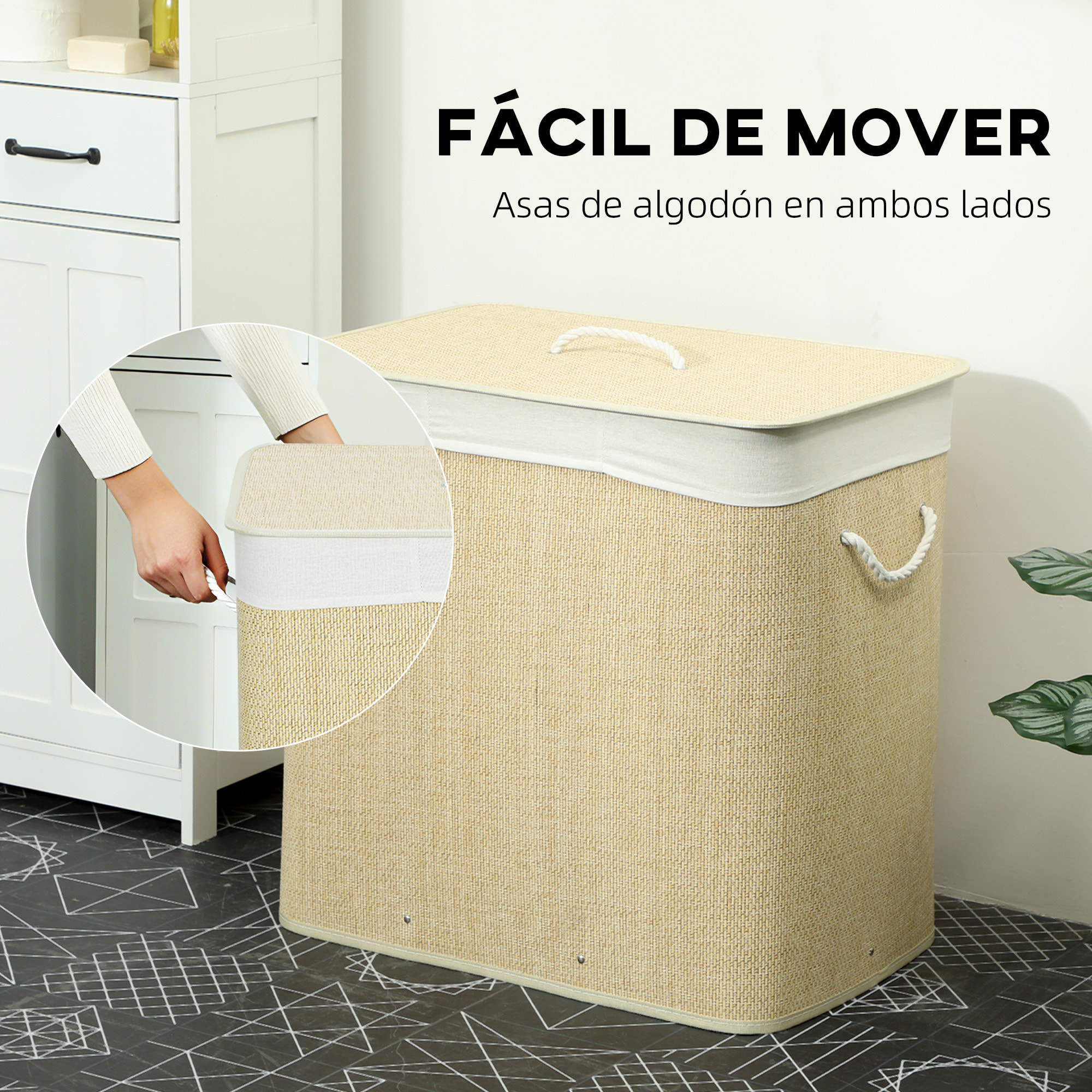 Cesto de Ropa Sucia con Tapa, 144L, Cesta Ropa Sucia de Bambú con 3 Compartimentos, Bolsa Interior Extraíble y Lavable, Asas, para Lavandería, Dormitorio, 60x40x60 cm, Crema