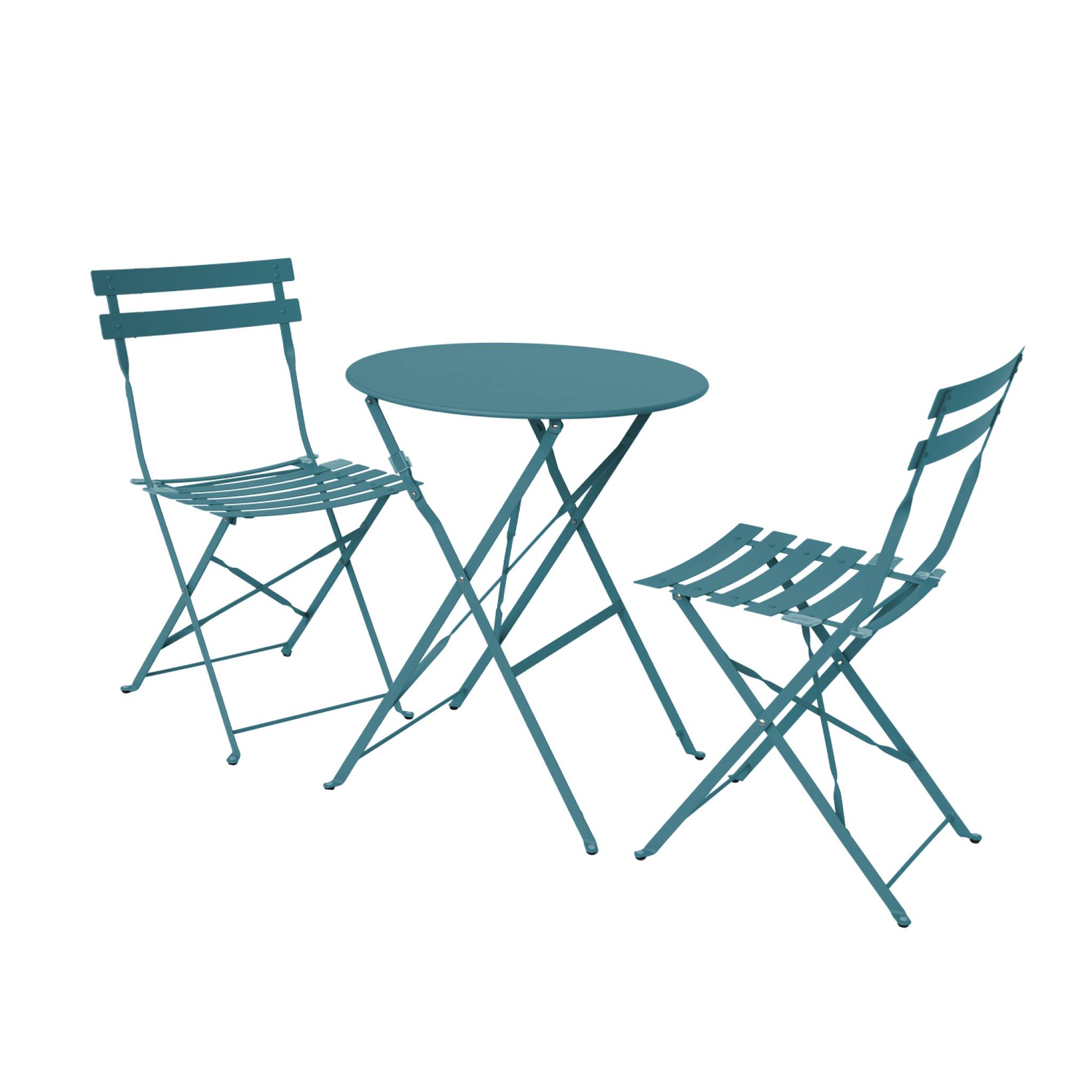 Table de jardin bistrot pliante métal + 2 assises bleu canard Ø60 x 70cm. acier thermolaqué