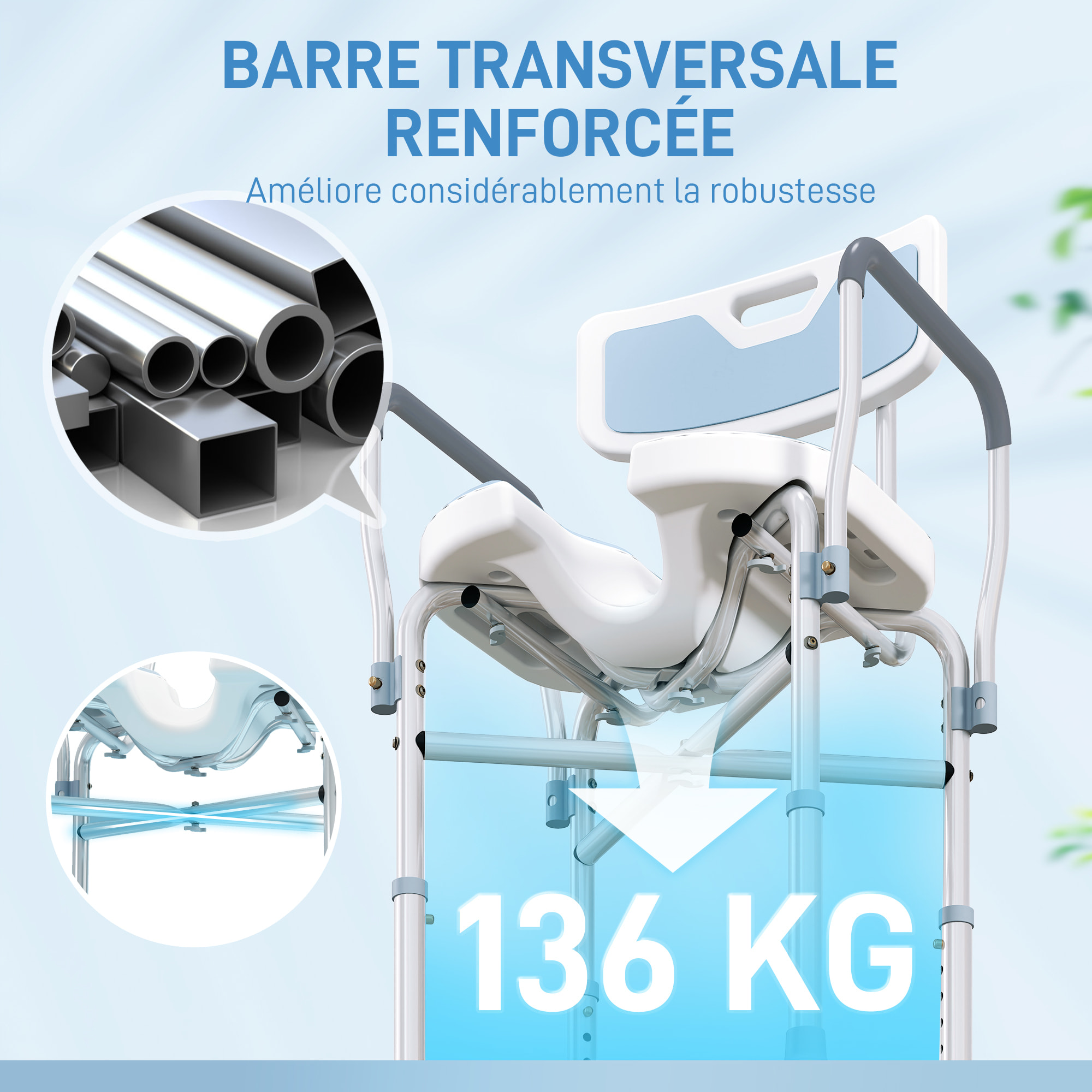 Tabouret de douche avec siège rembourrée et accoudoirs, chaise de douche, tabouret de bain, hauteur réglable 83-91,5 cm, cadre en aluminium et pieds antidérapants, bleu