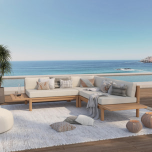 Canapé d'angle de jardin en teck massif et coussins blancs 4 places - Nadila