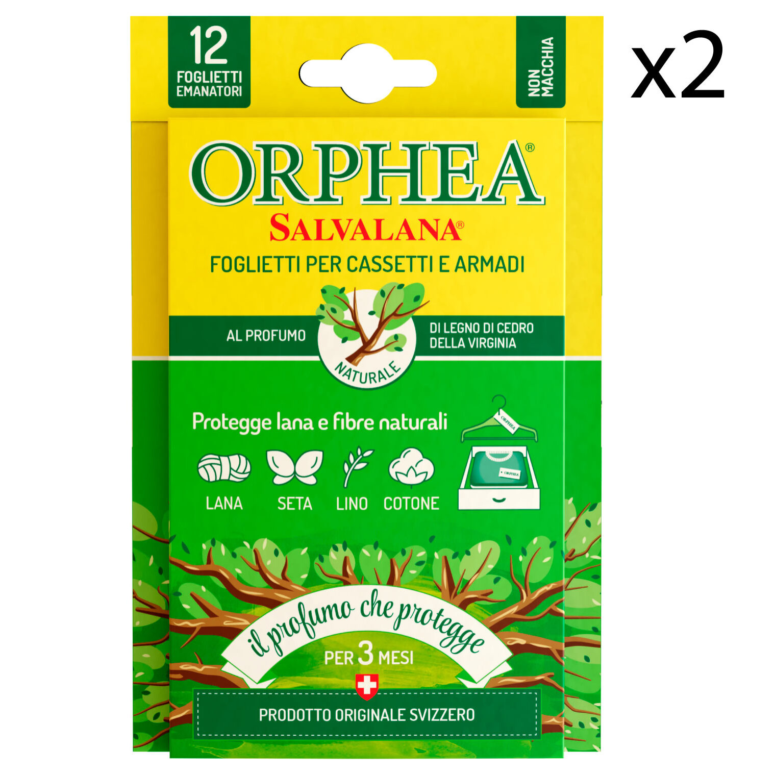 2x Orphea Salvalana Foglietti Cassetti e Armadi Protegge Lana Profumo Legno di Cedro della Virginia - 2 Confezioni da 12 Foglietti