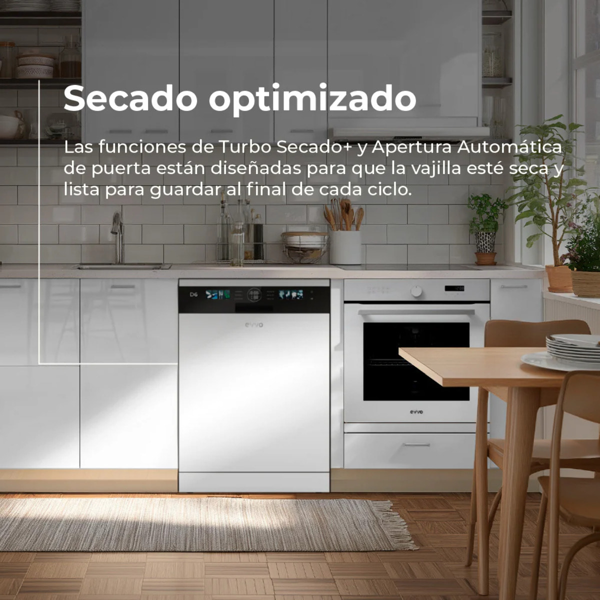 Lavavajillas EVVO D6 60cm, 15 Cubiertos, Clase B, Apertura Auto, Luz UV, Blanco