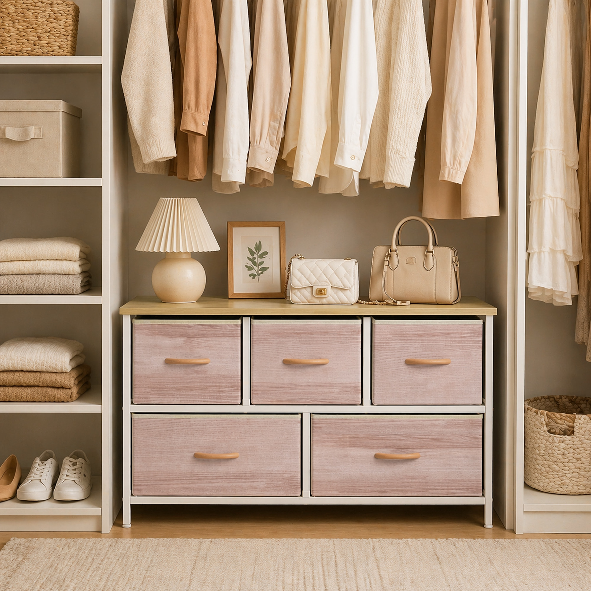 Cómoda con 5 Cajones de Tela, Cómoda para Dormitorio, Marco de Metal, Cajonera para Salón, Oficina, Vestidor, Natural y Blanco