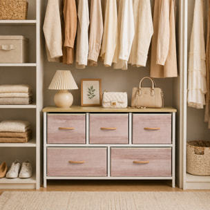 Cómoda con 5 Cajones de Tela, Cómoda para Dormitorio, Marco de Metal, Cajonera para Salón, Oficina, Vestidor, Natural y Blanco