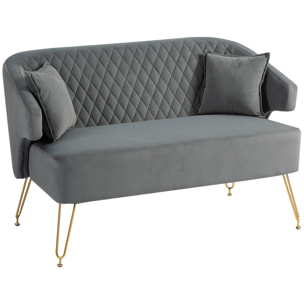 Sofá de 2 Plazas Tapizado en Terciopelo Sofá de Salón con 2 Almohadas Reposabrazos y Patas de Acero Doradas Sofá Pequeño Carga 240 kg para Dormitorio Oficina 124x69x76 cm Gris
