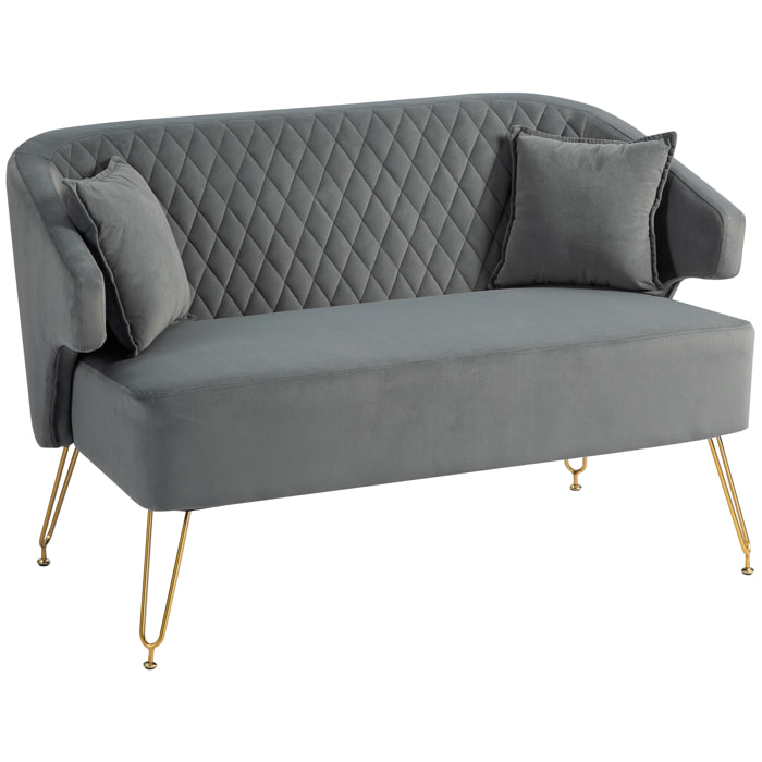 Sofá de 2 Plazas Tapizado en Terciopelo Sofá de Salón con 2 Almohadas Reposabrazos y Patas de Acero Doradas Sofá Pequeño Carga 240 kg para Dormitorio Oficina 124x69x76 cm Gris