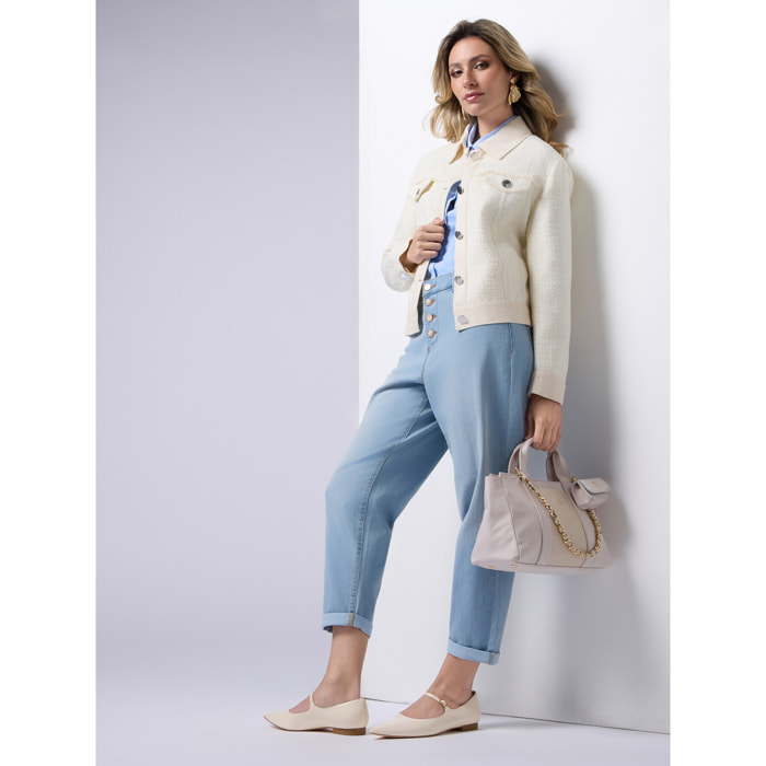 Oltre - Jeans boyfit stone washed con bottoni gioiello - Azzurro