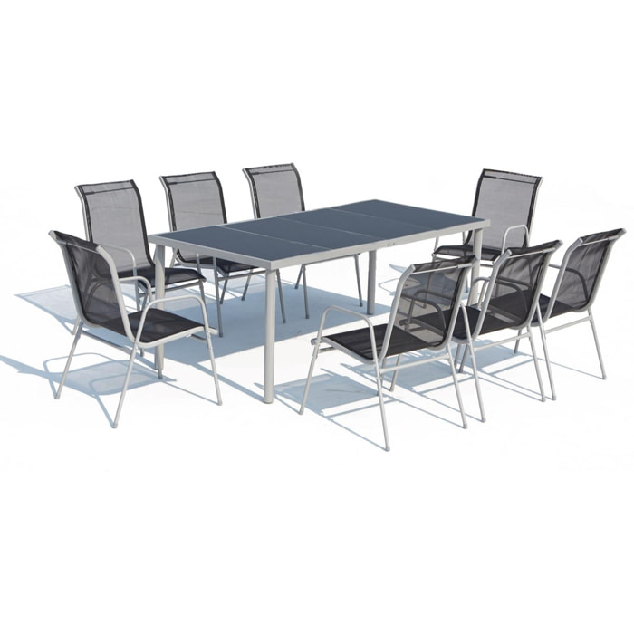 Table de jardin et 8 chaises en acier et textilène gris ATIMA