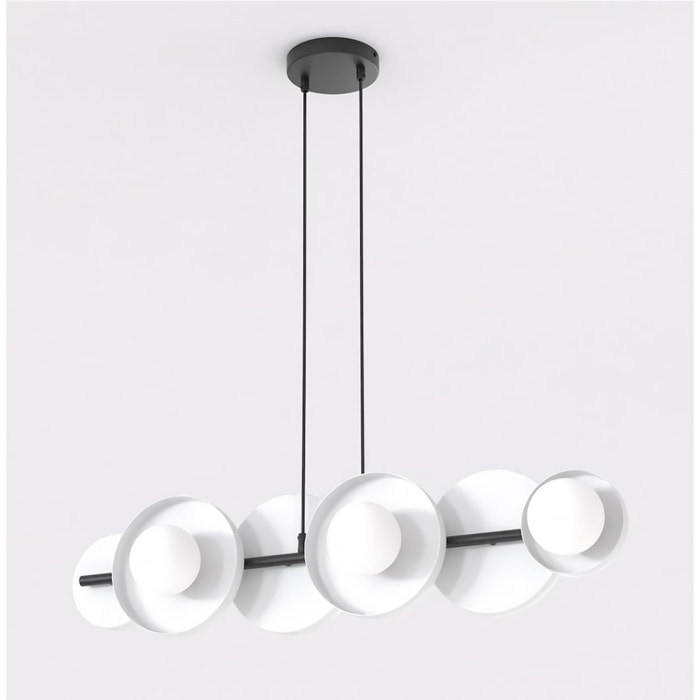 Lampada a sospensione Model con struttura in acciaio nero e diffusori bianchi