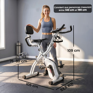 Vélo d'appartement pliable 3-en-1 classique semi-allongé bandes de résistance blanc