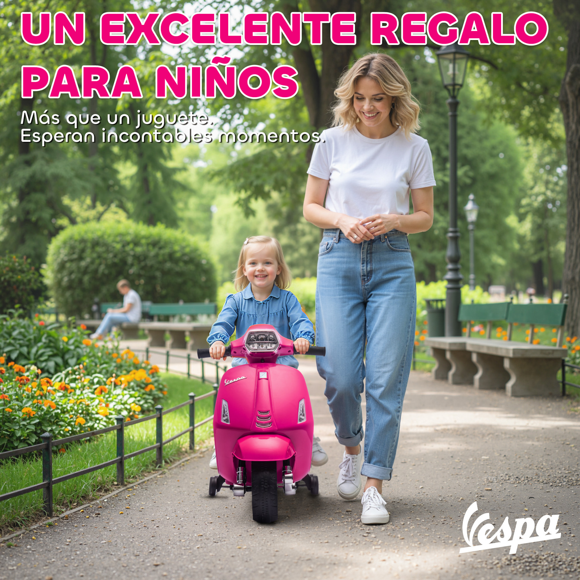 Moto Eléctrica para Niños 6V con Licencia Vespa, Moto Eléctrica Infantil con Ruedas Auxiliares de 6,9'', Velocidad de 2,5km/h, Faro y Bocina, para Niños de 2-6 Años, Rosa