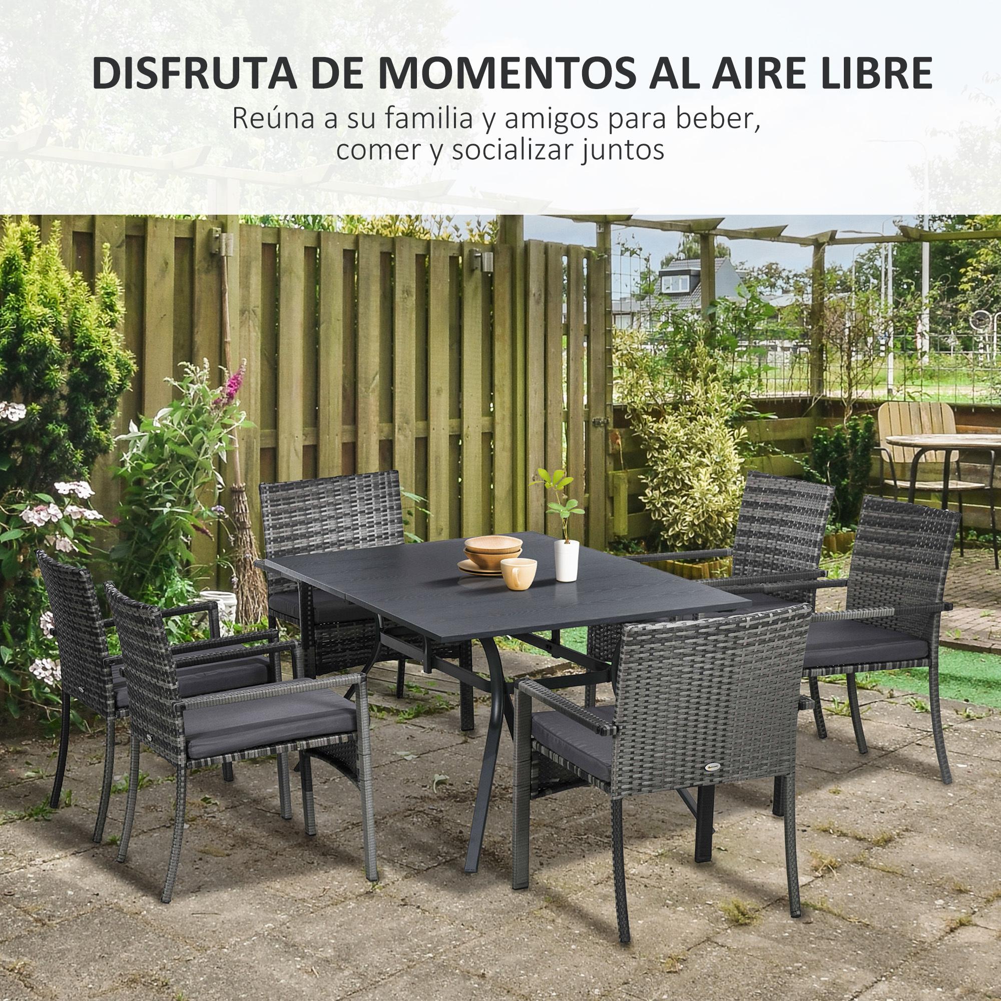 Outsunny Conjunto de Jardín de Ratán Sintético Juego de Muebles de Jardín para Exterior de Ratán de 7 Piezas Incluye 6 Sillas con Cojines y Mesa de Metal Gris