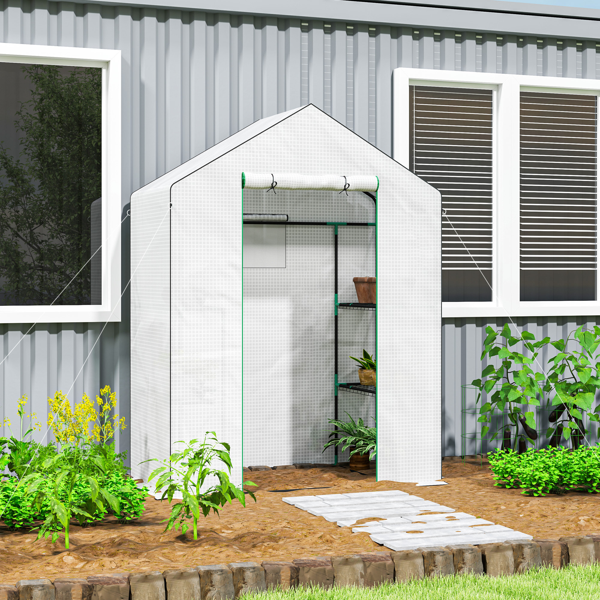 Invernadero de Exterior de 3 Niveles Invernadero de Jardín con Puerta Enrollable 2 Ventanas Estantes en Forma de U para Cultivo de Plantas en Terraza Patio 140x73x190 cm Blanco