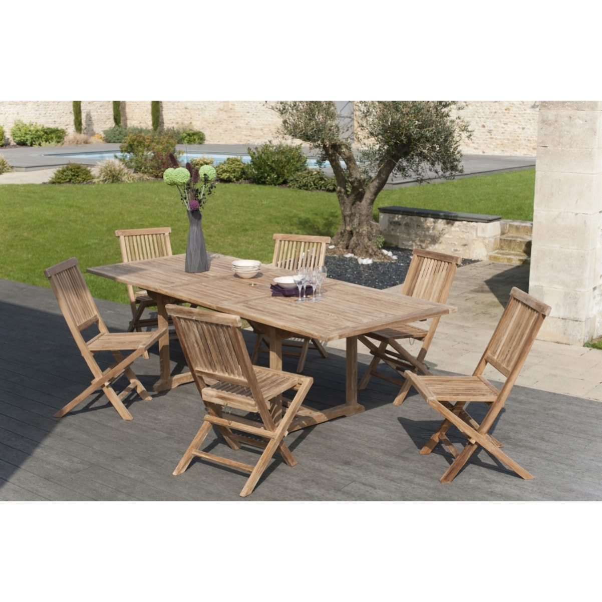 HARRIS - SALON DE JARDIN EN BOIS TECK 8/10 pers - Ensemble de jardin -1 Table rectangulaire extensible 180*240/100 cm et 6 chai