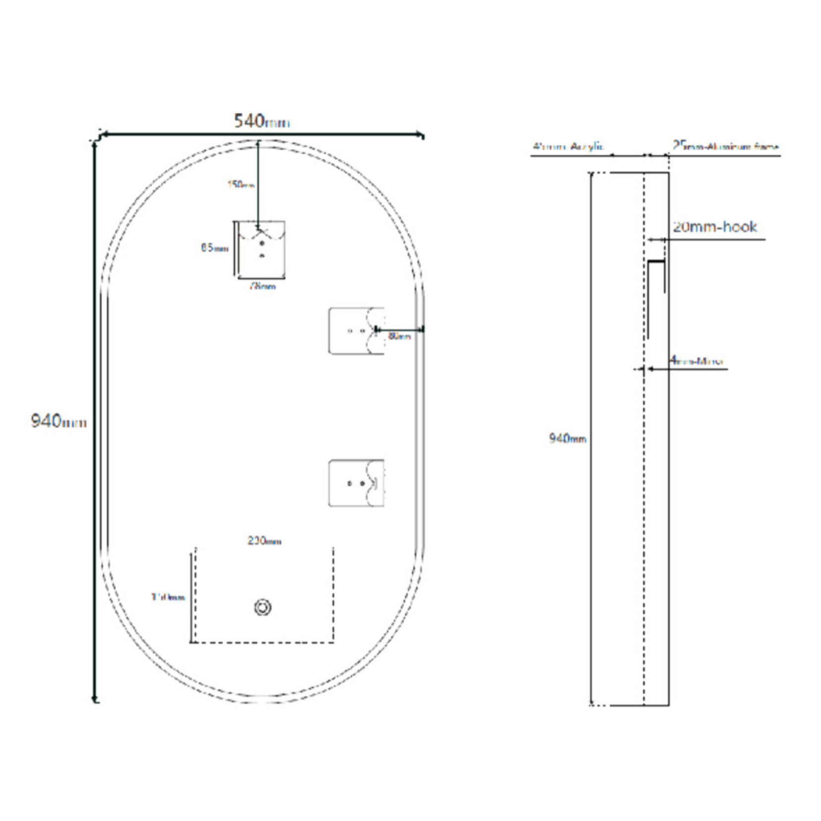 Miroir LED ovale 54 x 94 cm avec éclairage lumineux et capteur tactile Fusion SAT (SATZFULED5494)