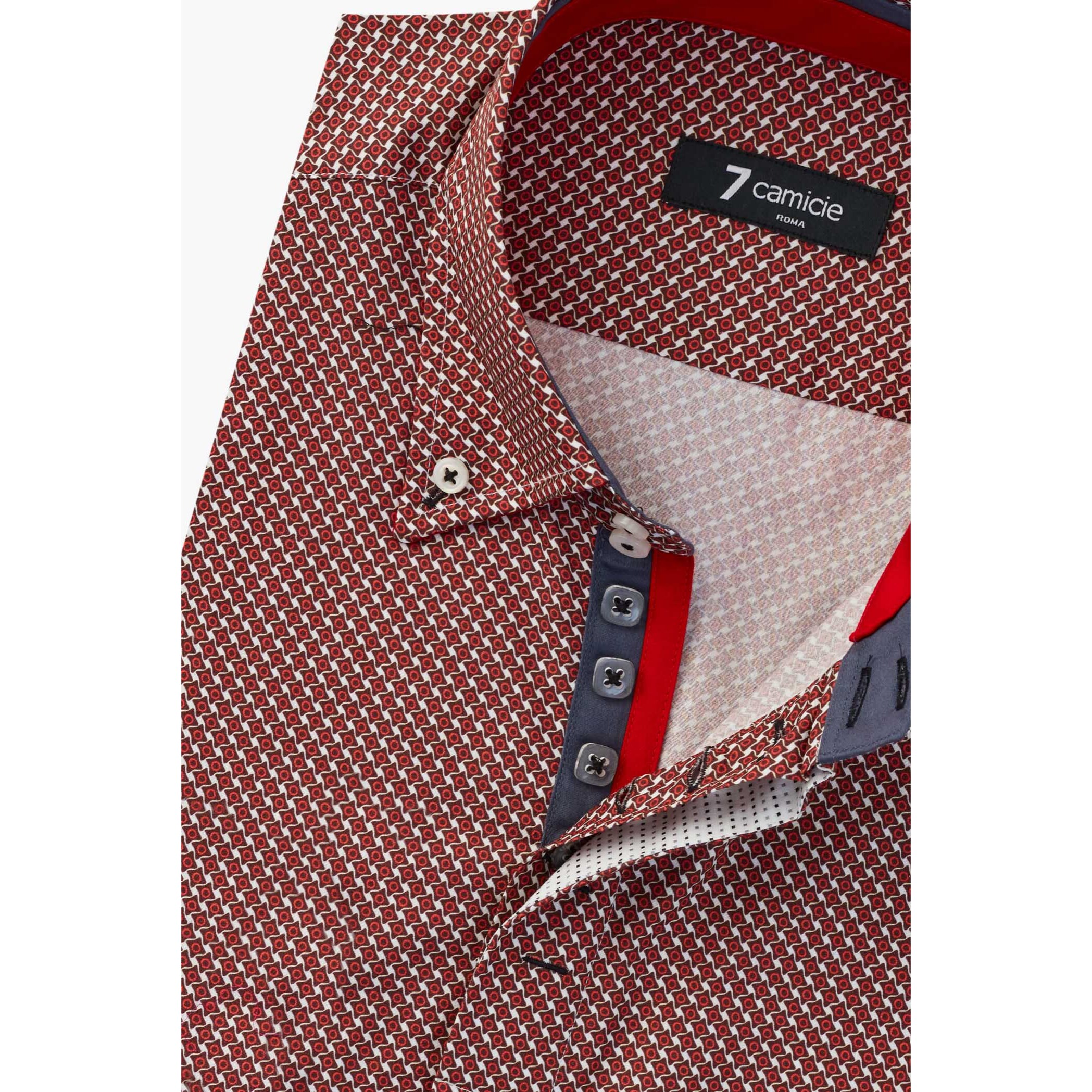 Camicia Uomo 2 Bottoni Button Down Slim Popeline Stampato Bordeaux e Panna