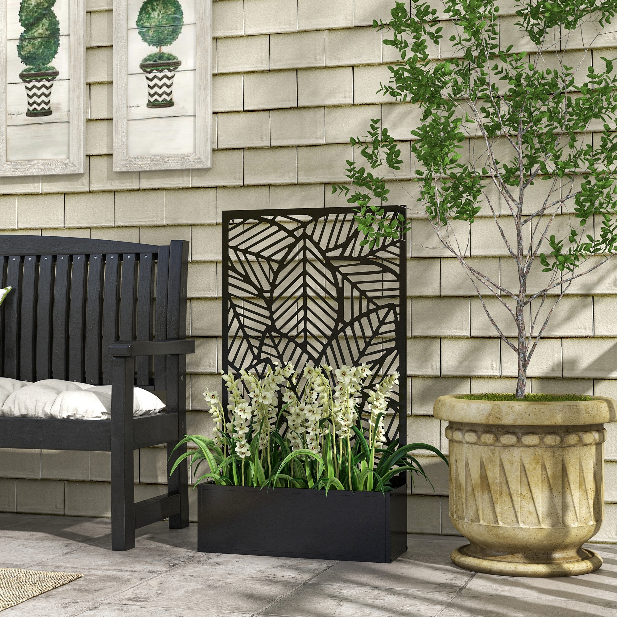 Outsunny Jardinera con Biombo de Metal Huerto Urbano de Pared o de Pie para Cultivos Plantas Flores o Decoración en Terraza Jardín Hogar 61x23x113 cm Negro