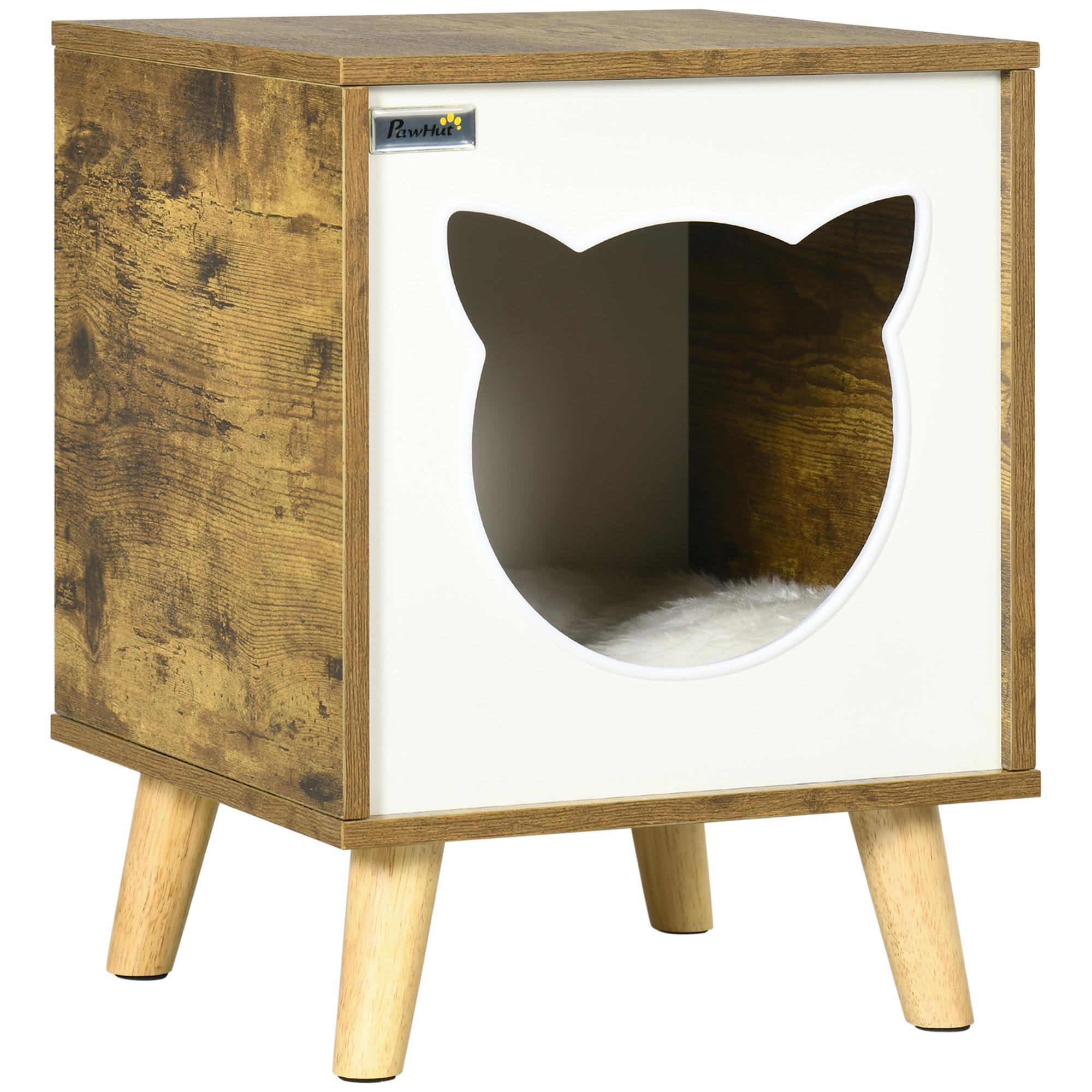 Caseta de Madera para Gatos Casa para Gatos Interior Cuerva de Gatos con Cojín Lavable y Patas Elevadas 34x34x44,5 cm Marrón