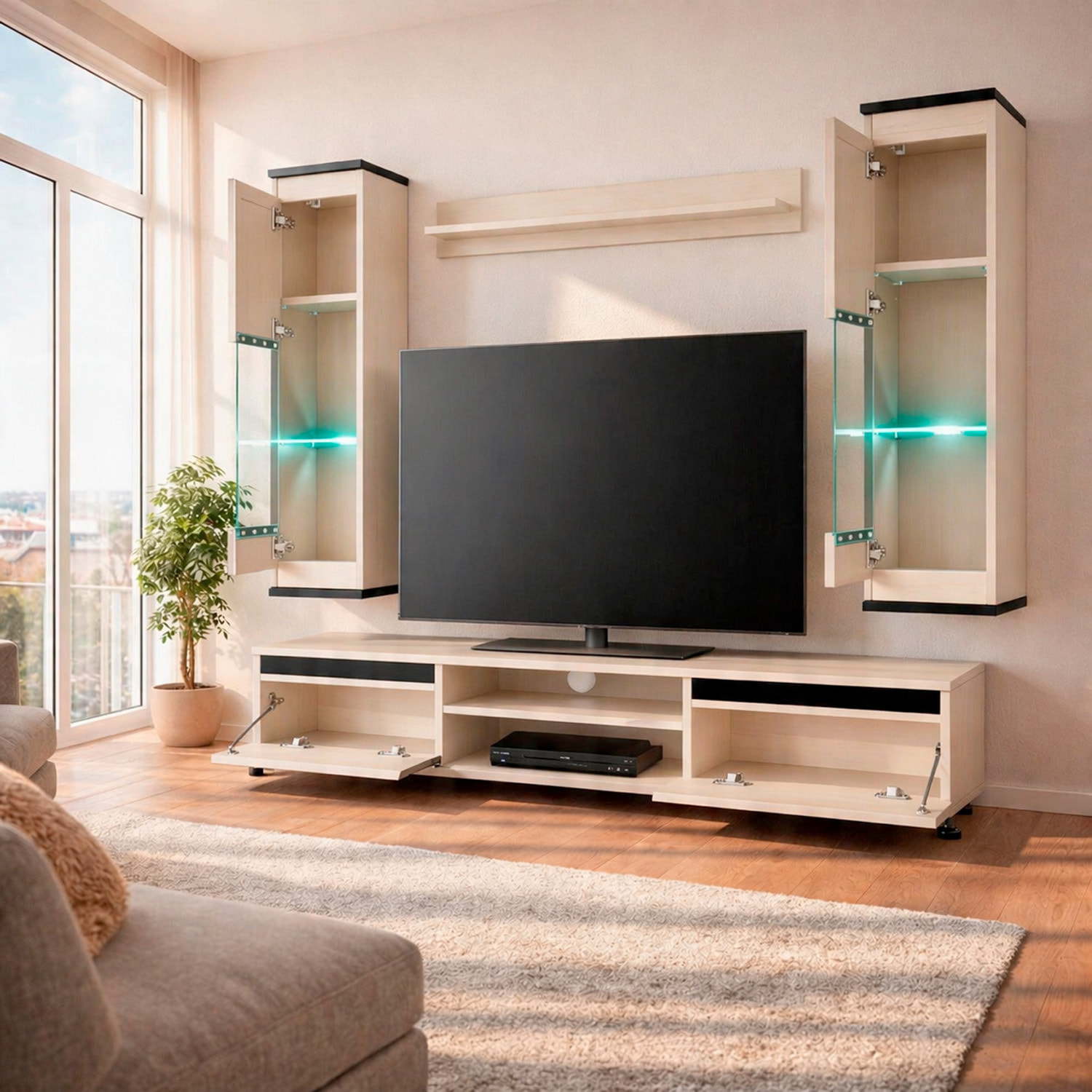 Parete Attrezzata Soggiorno Mobile Tv Vetrine Led Mensola Moderno Living Arredo Contenitore Vani Giorno Resistente 175x 150x 37 Cm Cashmere E Nero
