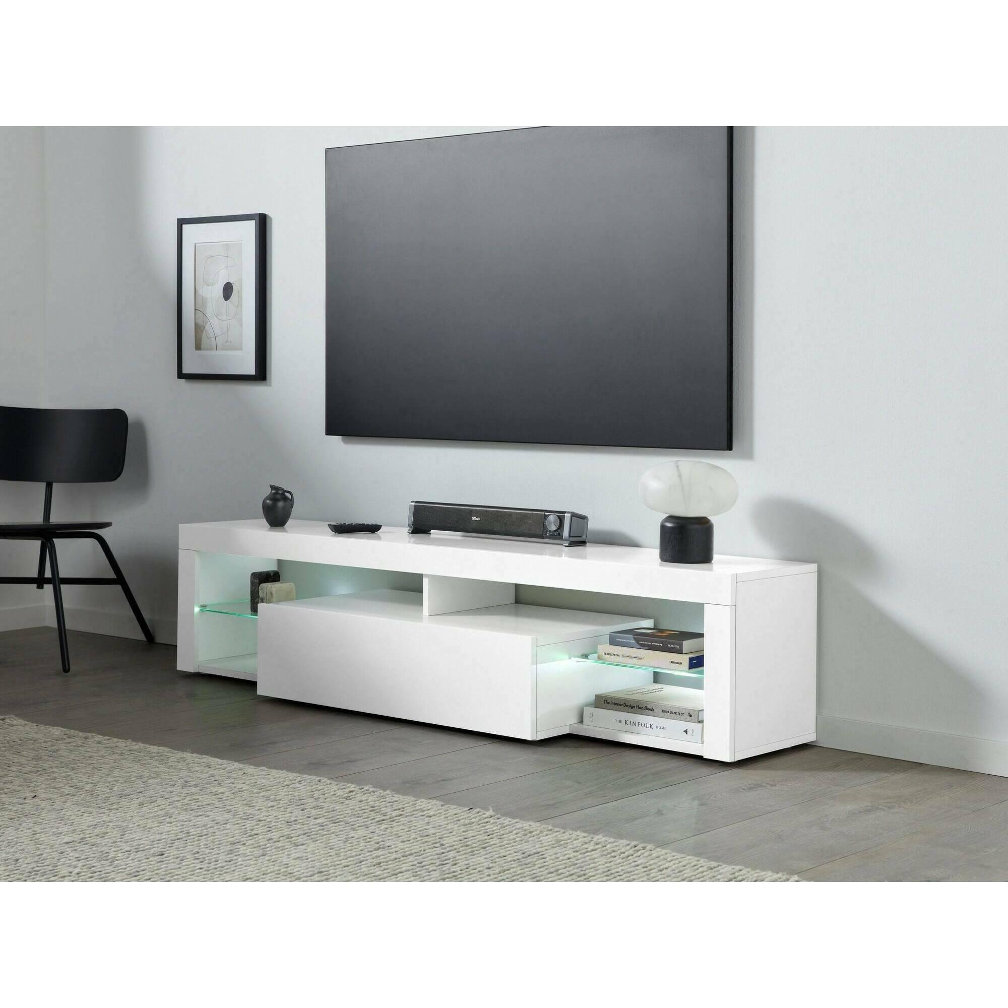 Mobile porta TV Dcompagno, Base porta TV, Credenza bassa da soggiorno a 1 anta, 100% Made in Italy, 160x40h35 cm, Bianco lucido
