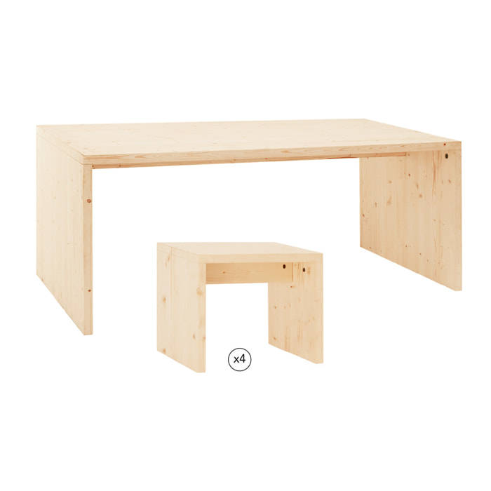 Pack table à manger et 4 tabourets en bois massif ton naturel 120cm Hauteur: 75 Longueur: 120 Largeur: 80