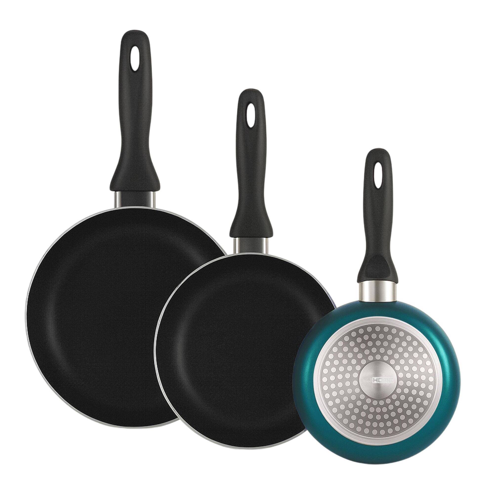 set de batería de cocina de 7pc en acero inoxidable + 3 sartenes ø16ø20ø24cm azul metalizado en aluminio prensado