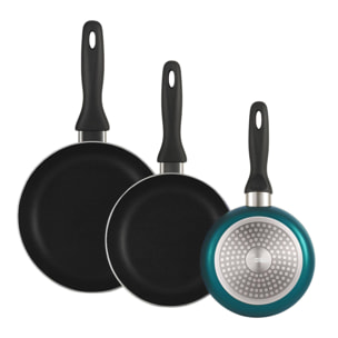 set de batería de cocina de 7pc en acero inoxidable + 3 sartenes ø16ø20ø24cm azul metalizado en aluminio prensado