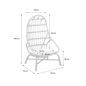 Fauteuil œuf en rotin avec coussin d'assise. Padang. L 74  x P 74 x H 140cm