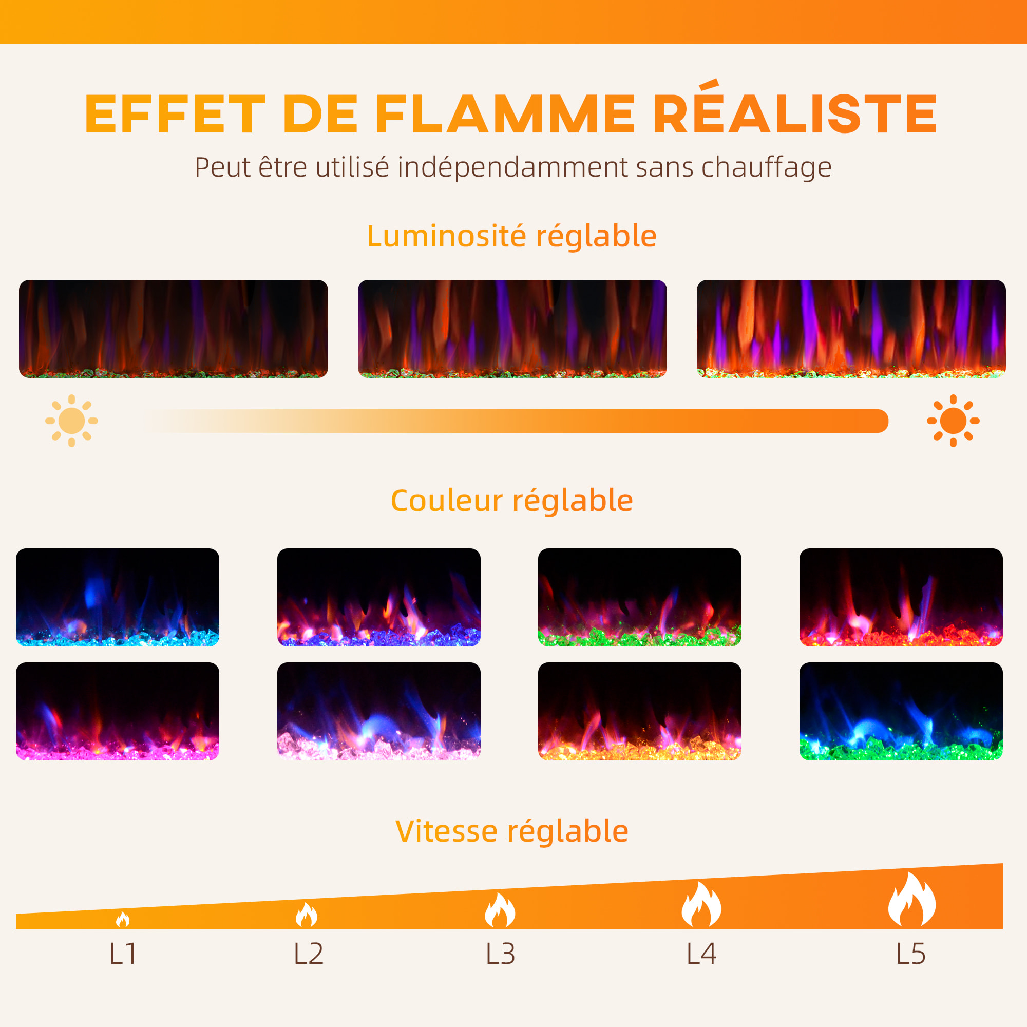 Cheminée électrique murale/encastrable 900/1800W effet flamme et cristal réglable télécommande