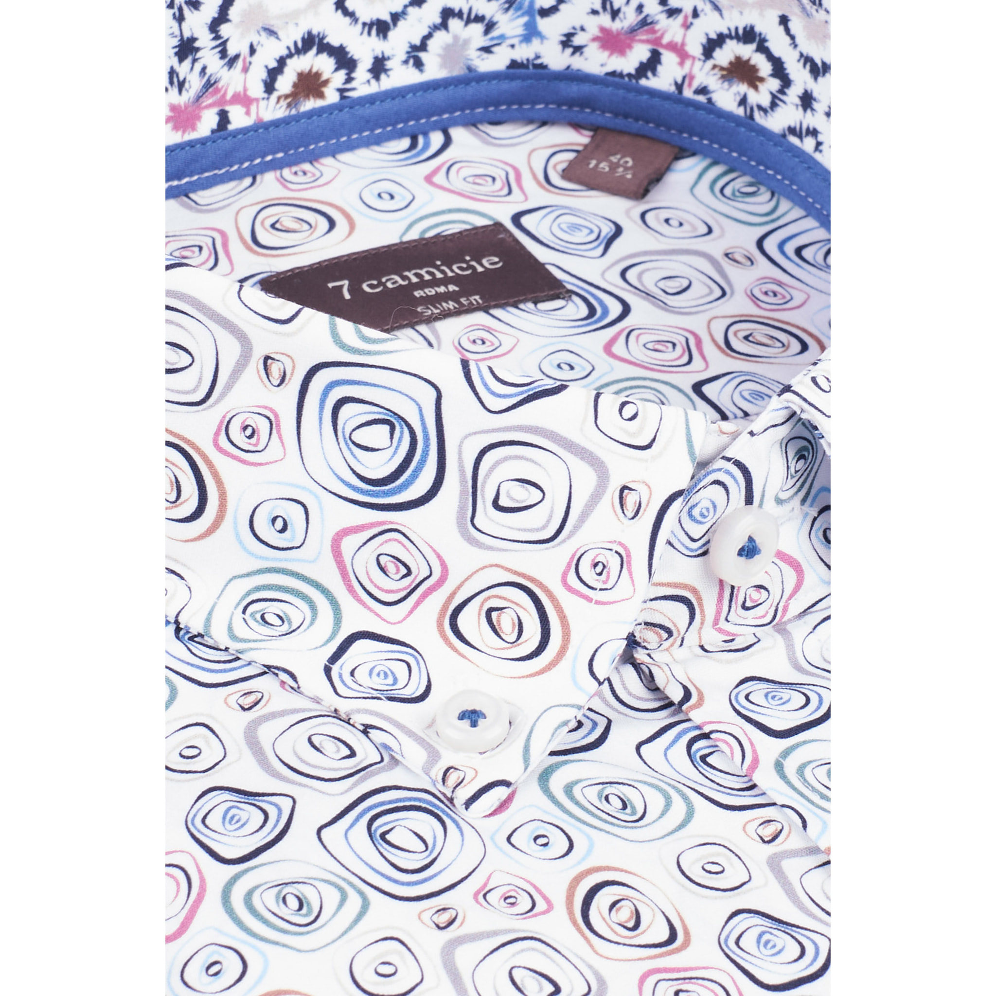 camicia uomo 1 bottone button down slim Popeline Stampato Bianco e Blu