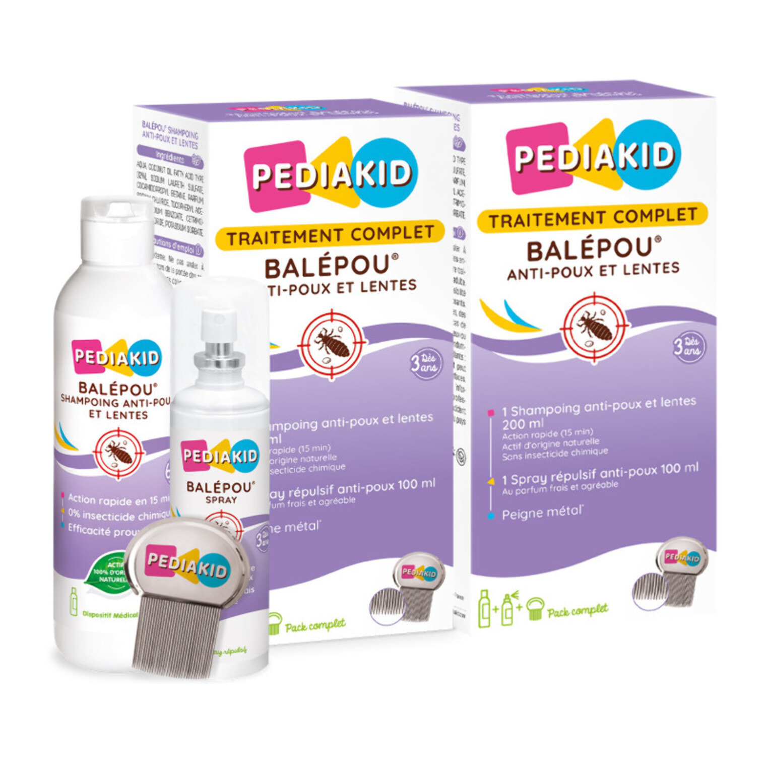 PEDIAKID - Traitement complet Balépou anti-poux et lentes - 1 Shampoing Anti-Poux et Lentes 200 ml + 1 Spray Répulsif 100 ml + 1 peigne - Lot de 2