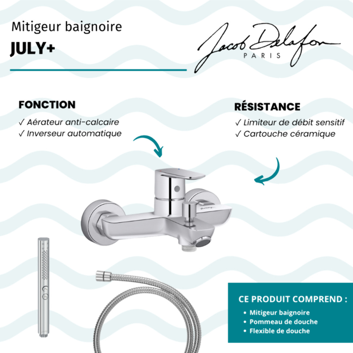 Mitigeur baignoire July+ + pommeau de douche Shift+ rond + flexible de douche métal