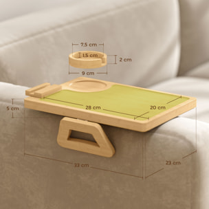 Bandeja para Reposabrazos para Sofá Flexible de Bambú, Bandeja de Brazo para Sofá con Portavasos Extraíble, Mesa Lateral con Bisagras y Soporte Giratorio 360° para Teléfono, Aperitivos, Bebidas