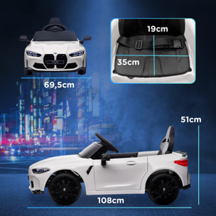 Coche Eléctrico para Niños, BMW M4, Coche de Batería 12V, con Mando a Distancia 2,4 G, Ruedas Traseras con Suspensión, Faros LED, Música, USB, Motor Doble, Blanco
