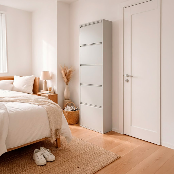 Scarpiera Slim In Metallo 5 Ante A Ribalta Ultra Sottile Salvaspazio Mobile Portascarpe Moderno Ingresso Camera Corridoio 172 x 50 x 15 Cm Grigio