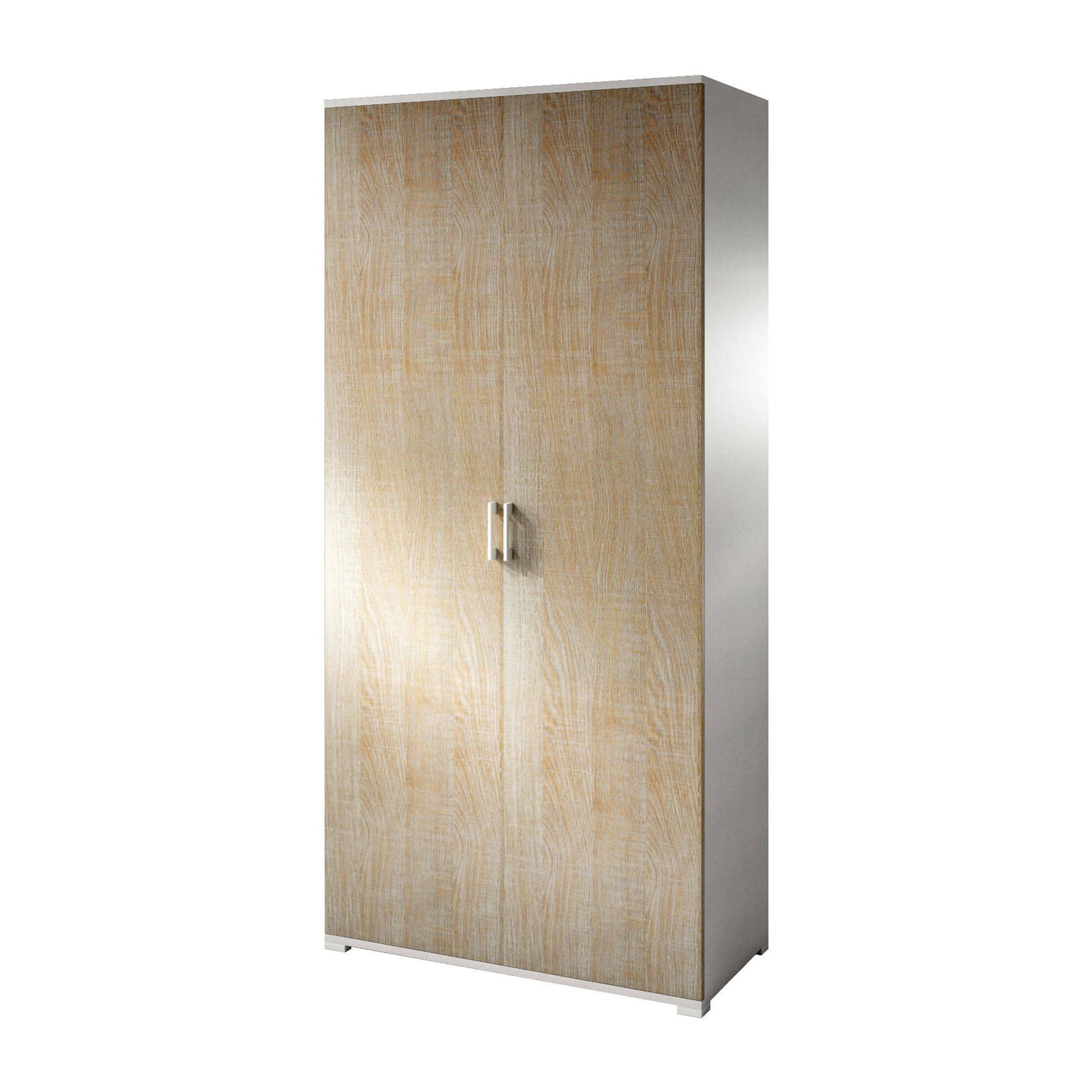 Armadio multiuso Alisso, Mobile lineare a 2 Ante battenti, Guardaroba a 4 ripiani regolabili, Scarpiera moderna, 100% Made in Italy, Cm 90x45h195, Rovere e Bianco