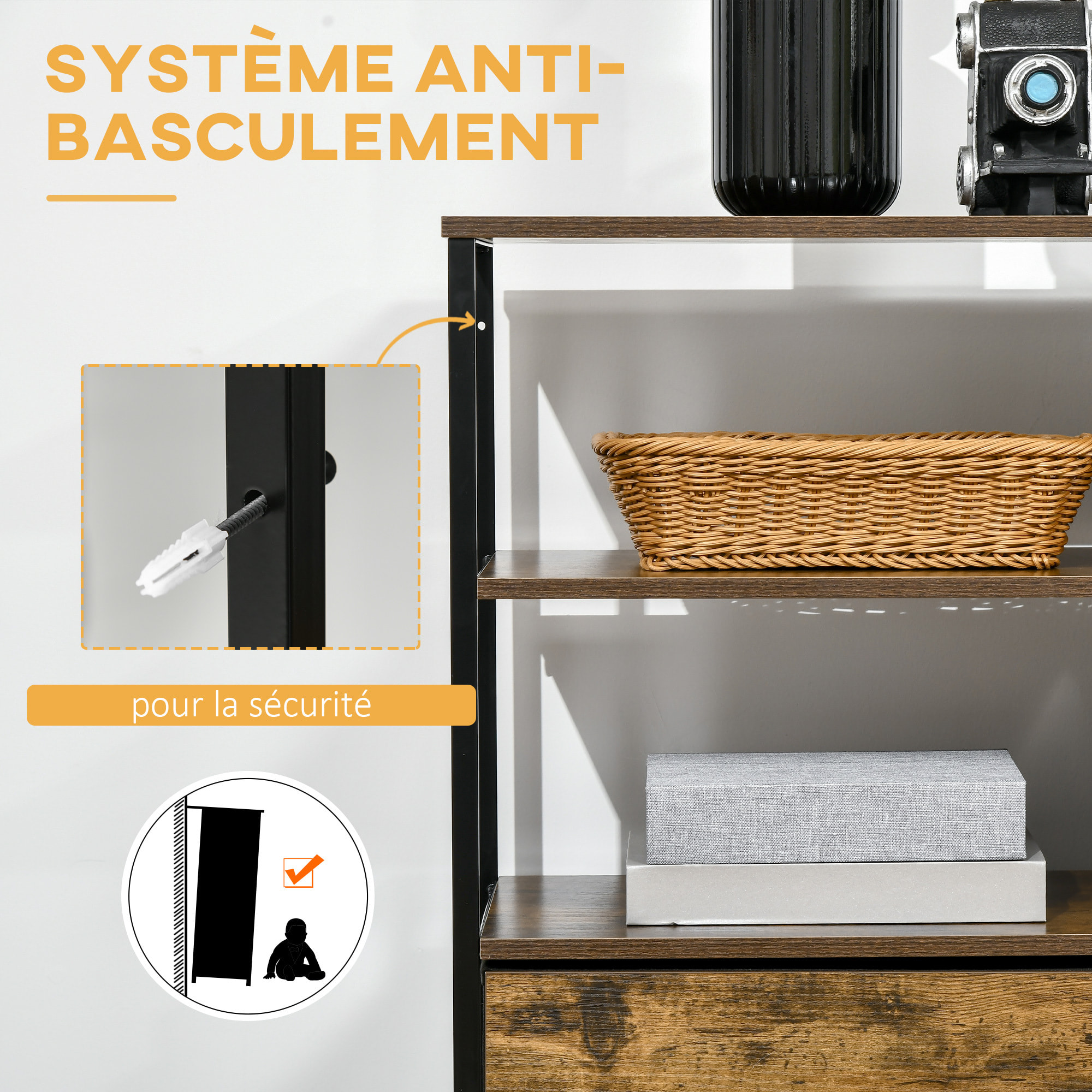 Buffet design industriel - 4 tiroirs, 2 niches, plateau - châssis acier noir MDF aspect bois avec veinage