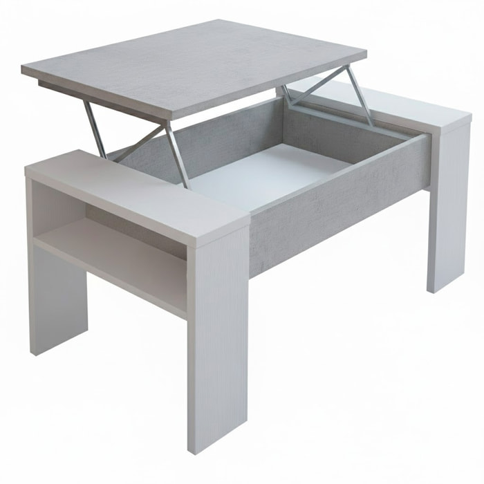 Tavolino Da Salotto Trasformabile Con Piano Sollevabile E Vano Contenitore Moderno Per Smart Working 98 x 50 x 43 Cm Colore Bianco E Grigio Cemento