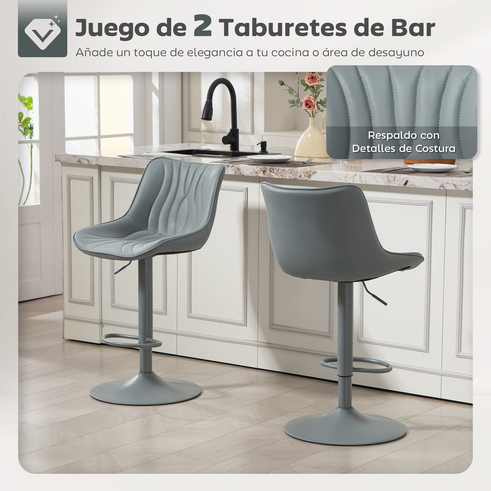 Juego de 2 Taburetes de Bar Taburetes Altos de Cocina Giratorios con Altura Ajustable 92-110 cm Respaldo Asiento de Piel Sintética Marco de Acero y Reposapiés para Comedor Mostrador Gris