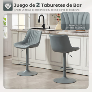 Juego de 2 Taburetes de Bar Taburetes Altos de Cocina Giratorios con Altura Ajustable 92-110 cm Respaldo Asiento de Piel Sintética Marco de Acero y Reposapiés para Comedor Mostrador Gris
