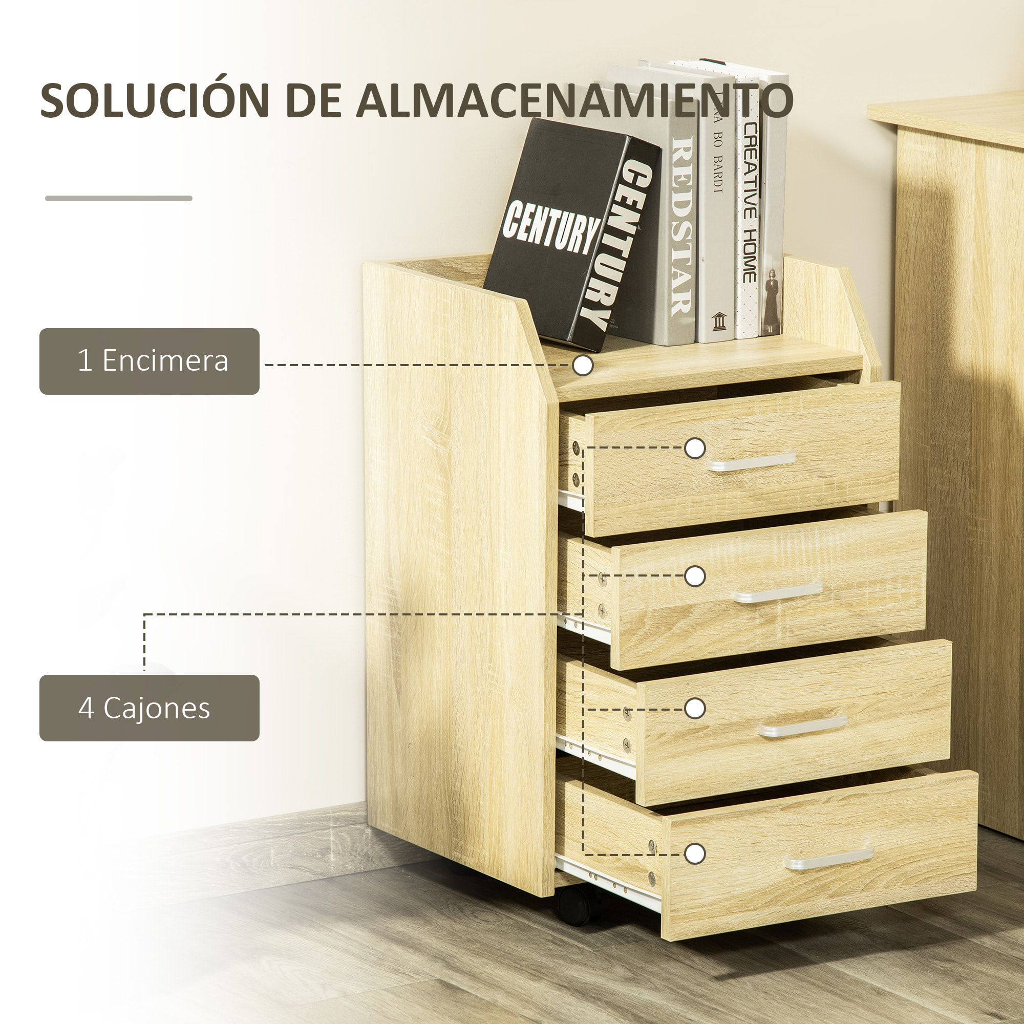 Cajonera de Oficina Mueble Auxiliar para Archivos con 4 Cajones Encimera Superior de Almacenaje 4 Ruedas y 2 Frenos para Estudio Despacho 40x36x65 cm Natural