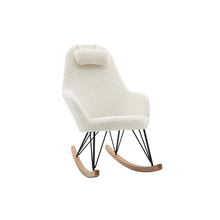 Rocking chair scandinave en tissu effet peau de mouton blanc, métal noir et bois clair JHENE
