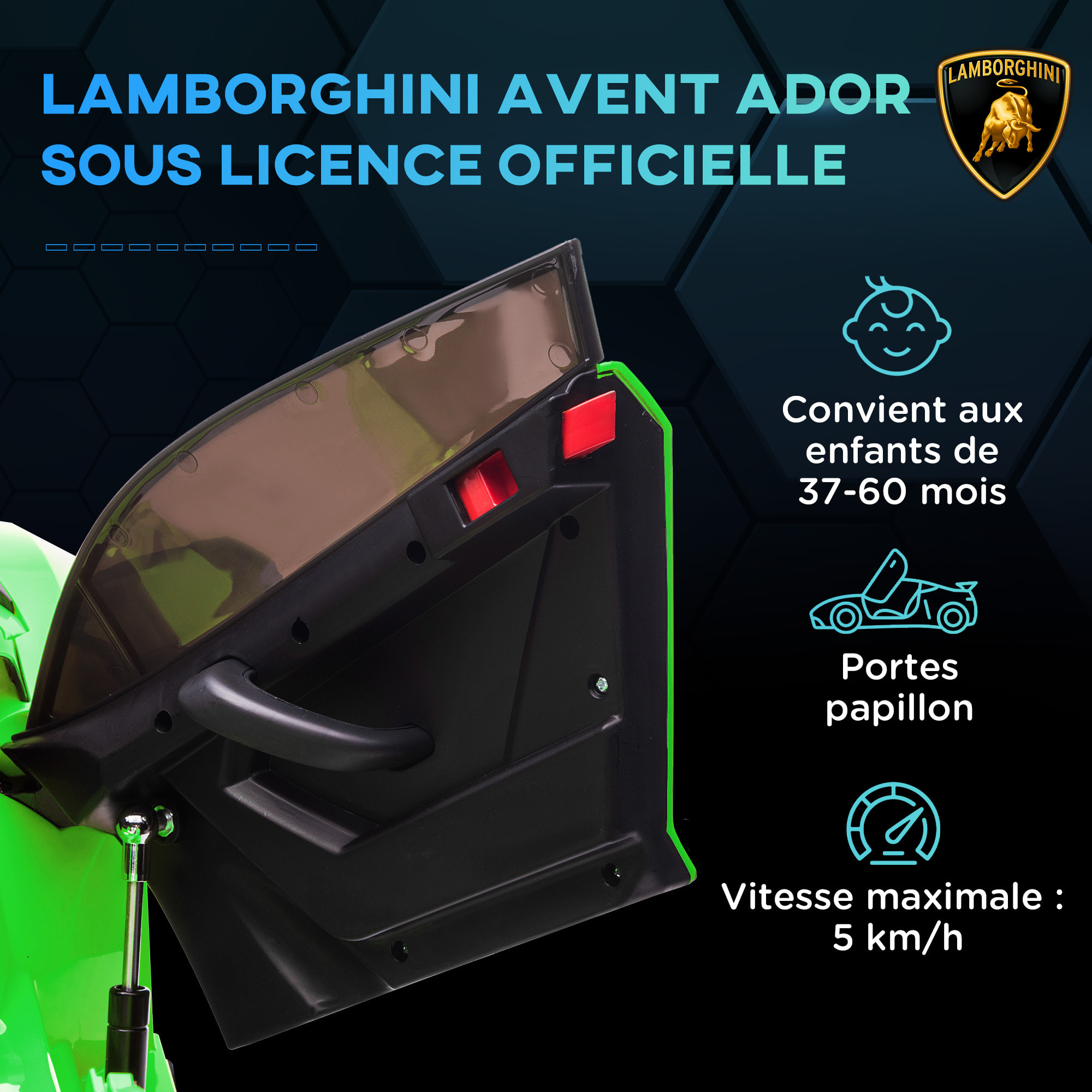 Voiture électrique enfant licence Lamborghini Aventador roadster SVJ télécommande effets sonores lumineux vert