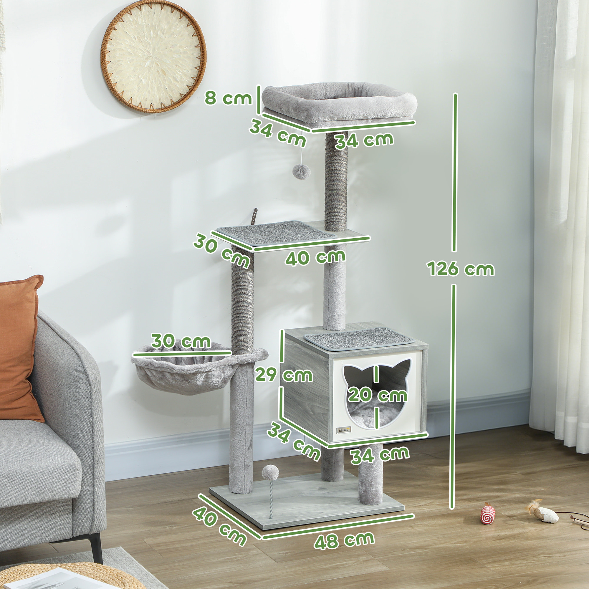 Arbre à chat multi-équipement griffoirs grattoirs niche hamac panier coussins amovibles H126 cm peluche courte sisal naturel gris
