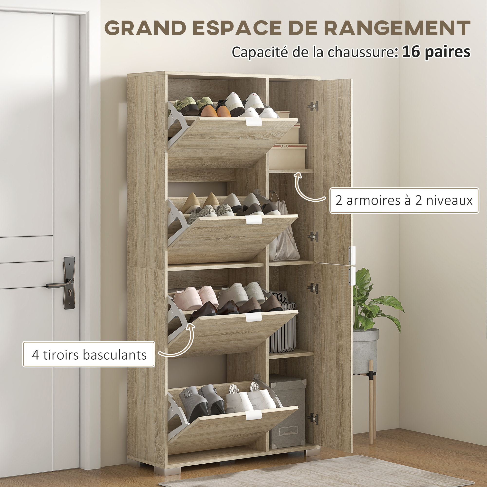 Meuble à chaussures - 4 portes abattantes, 2 portes miroirs, étagères réglables - aspect bois naturel