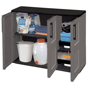 Armario de mediana altura en polipropileno, material reciclable y ecológico sostenible, está equipado con bisagras de acero y estantes ajustables, dim